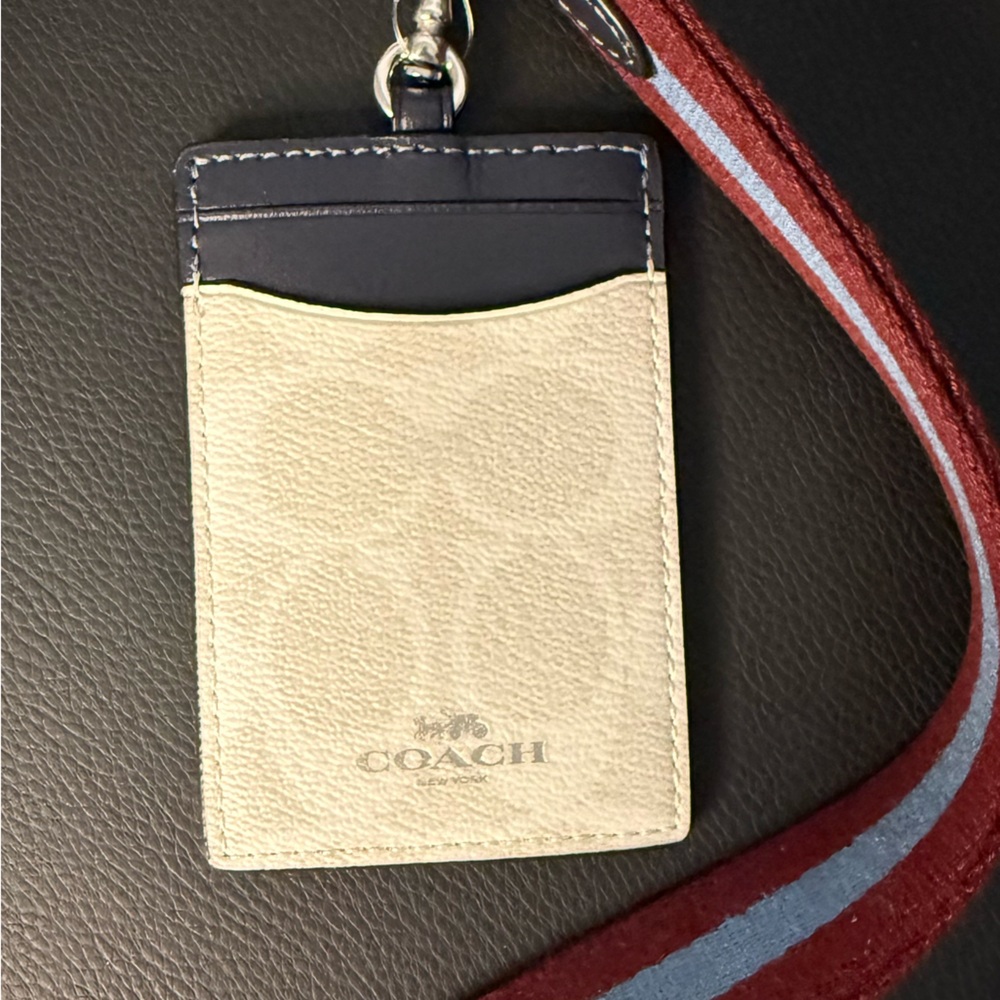 Coach Beige and Navy Card Holder with Red Lanyard